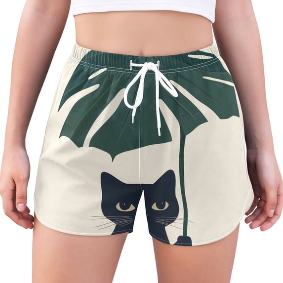 FORMRS Womens Swim Shorts Mesh Liner Quick Dry Casual Beach Board Bottom with Pockets, Sizes S-2XL, Black Cat Plants