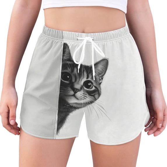 FORMRS Womens Swim Shorts Mesh Liner Quick Dry Casual Beach Board Bottom with Pockets, Sizes S-2XL, Black Cute Cat