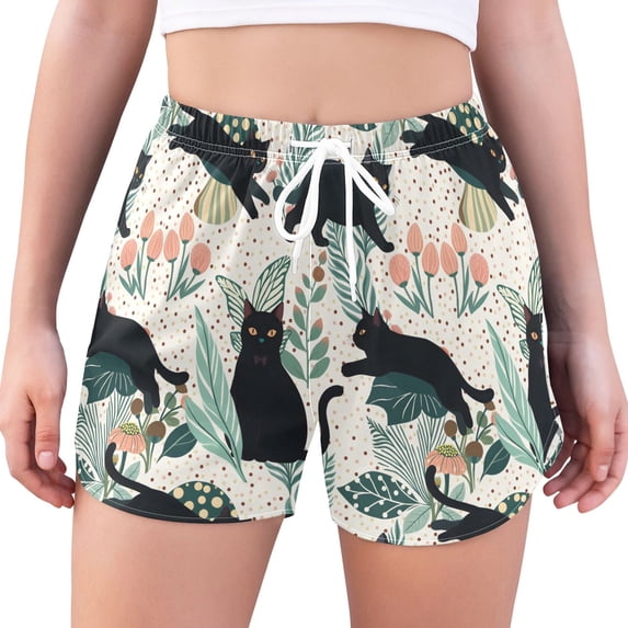 FORMRS Womens Swim Shorts Mesh Liner Quick Dry Casual Beach Board Bottom with Pockets, Sizes S-2XL, Black Floral Cat Pattern