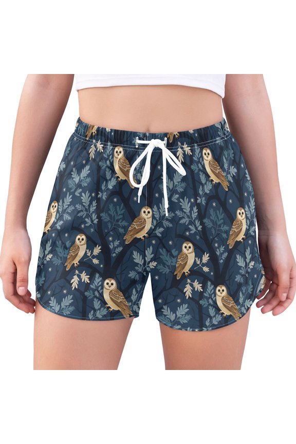 Womens Swim Shorts Mesh Liner Quick Dry Casual Beach Board Bottom with Pockets, Sizes S-2XL, Blue Cartoon Owl Pattern