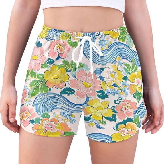 FORMRS Womens Swim Shorts Mesh Liner Quick Dry Casual Beach Board Bottom with Pockets, Sizes S-2XL, Blue Floral Wave