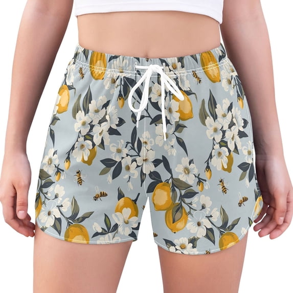 FORMRS Womens Swim Shorts Mesh Liner Quick Dry Casual Beach Board Bottom with Pockets, Sizes S-2XL, Blue Lemons Pattern