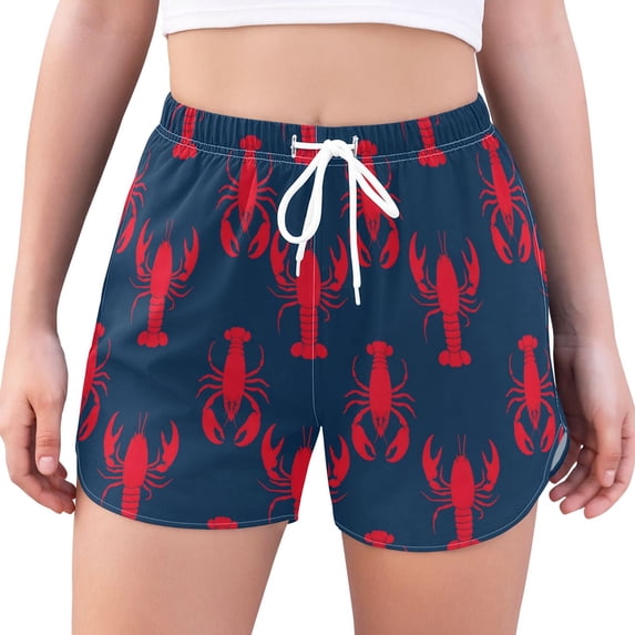 FORMRS Womens Swim Shorts Mesh Liner Quick Dry Casual Beach Board Bottom with Pockets, Sizes S-2XL, Blue Lobster Pattern