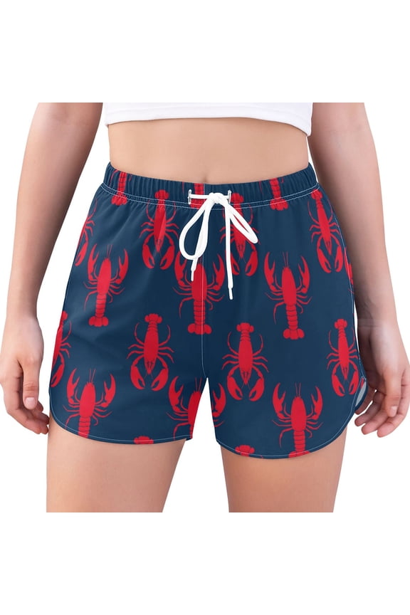 Womens Swim Shorts Mesh Liner Quick Dry Casual Beach Board Bottom with Pockets, Sizes S-2XL, Blue Lobster Pattern
