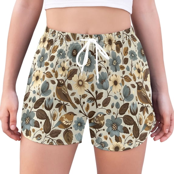 FORMRS Womens Swim Shorts Mesh Liner Quick Dry Casual Beach Board Bottom with Pockets, Sizes S-2XL, Brown Bird Floral Pattern