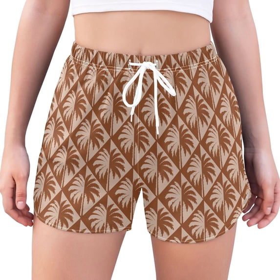 FORMRS Womens Swim Shorts Mesh Liner Quick Dry Casual Beach Board Bottom with Pockets, Sizes S-2XL, Brown Palm Tree Pattern