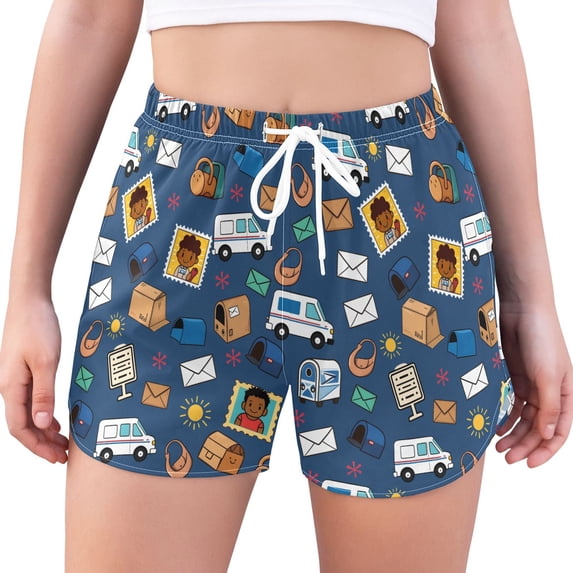 FORMRS Womens Swim Shorts Mesh Liner Quick Dry Casual Beach Board Bottom with Pockets, Sizes S-2XL, Cartoon Mail Truck Pattern