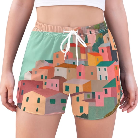 FORMRS Womens Swim Shorts Mesh Liner Quick Dry Casual Beach Board Bottom with Pockets, Sizes S-2XL, Cityscape Painting