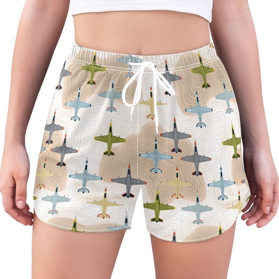 FORMRS Womens Swim Shorts Mesh Liner Quick Dry Casual Beach Board Bottom with Pockets, Sizes S-2XL, Colorful Airplanes Pattern