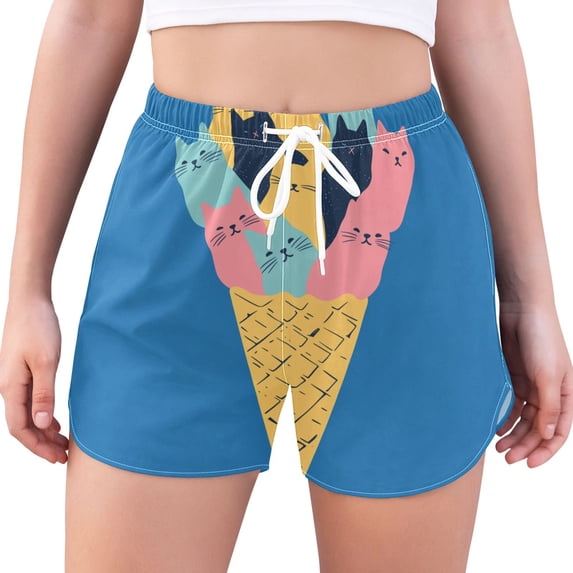 FORMRS Womens Swim Shorts Mesh Liner Quick Dry Casual Beach Board Bottom with Pockets, Sizes S-2XL, Colorful Ice Cream Cat