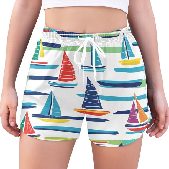 FORMRS Womens Swim Shorts Mesh Liner Quick Dry Casual Beach Board Bottom with Pockets, Sizes S-2XL, Colorful Sailboats