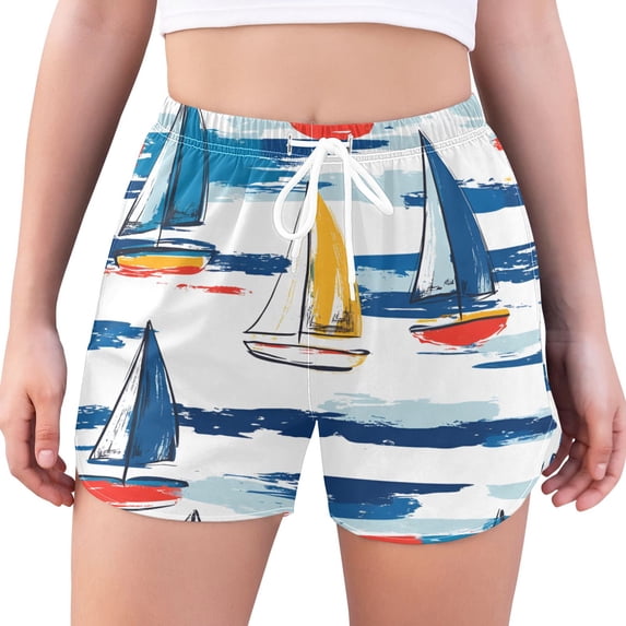 FORMRS Womens Swim Shorts Mesh Liner Quick Dry Casual Beach Board Bottom with Pockets, Sizes S-2XL, Dark Blue Hand Drawn Sailboats