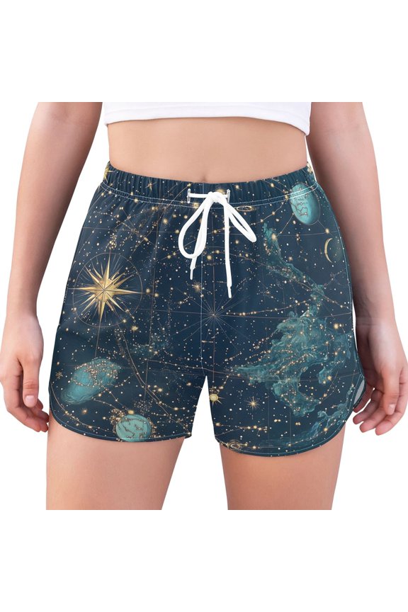 Womens Swim Shorts Mesh Liner Quick Dry Casual Beach Board Bottom with Pockets, Sizes S-2XL, Dark Star Map
