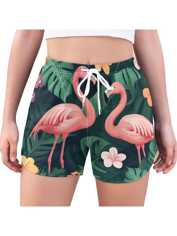 Womens Swim Shorts Mesh Liner Quick Dry Casual Beach Board Bottom with Pockets, Sizes S-2XL, Flamingo Leaves Pattern