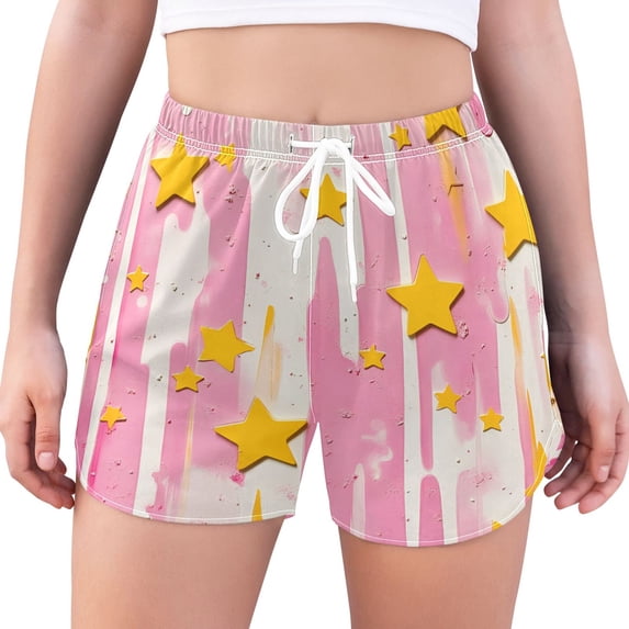 FORMRS Womens Swim Shorts Mesh Liner Quick Dry Casual Beach Board Bottom with Pockets, Sizes S-2XL, Flat Yellow Stars