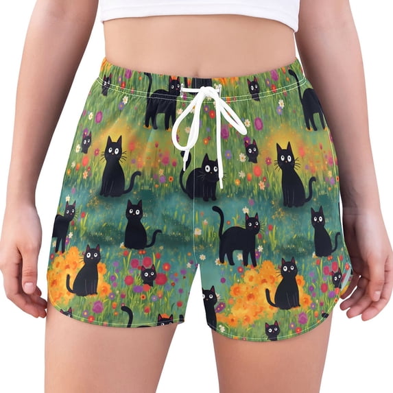 FORMRS Womens Swim Shorts Mesh Liner Quick Dry Casual Beach Board Bottom with Pockets, Sizes S-2XL, Floral Black Cats Pattern