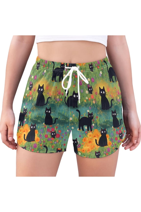 Womens Swim Shorts Mesh Liner Quick Dry Casual Beach Board Bottom with Pockets, Sizes S-2XL, Floral Black Cats Pattern