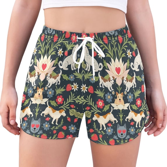FORMRS Womens Swim Shorts Mesh Liner Quick Dry Casual Beach Board Bottom with Pockets, Sizes S-2XL, Floral Dogs Pattern
