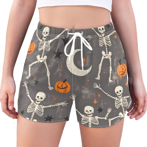 FORMRS Womens Swim Shorts Mesh Liner Quick Dry Casual Beach Board Bottom with Pockets, Sizes S-2XL, Gray Halloween Skeleton