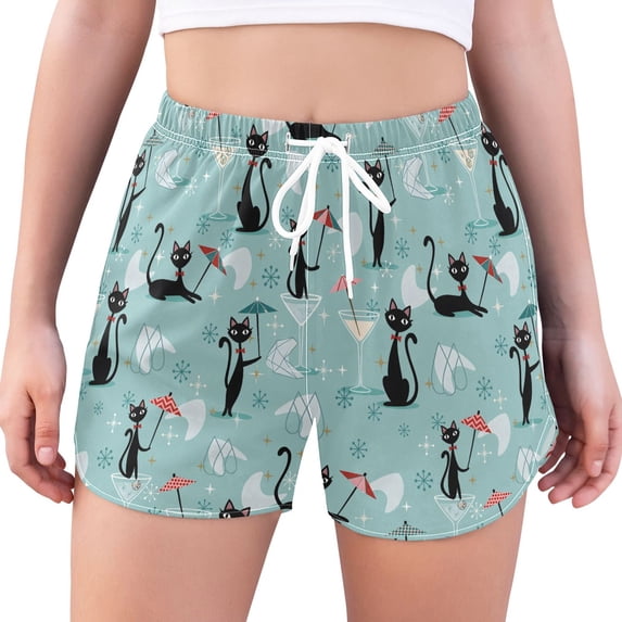 FORMRS Womens Swim Shorts Mesh Liner Quick Dry Casual Beach Board Bottom with Pockets, Sizes S-2XL, Green Cocktail Cat Pattern