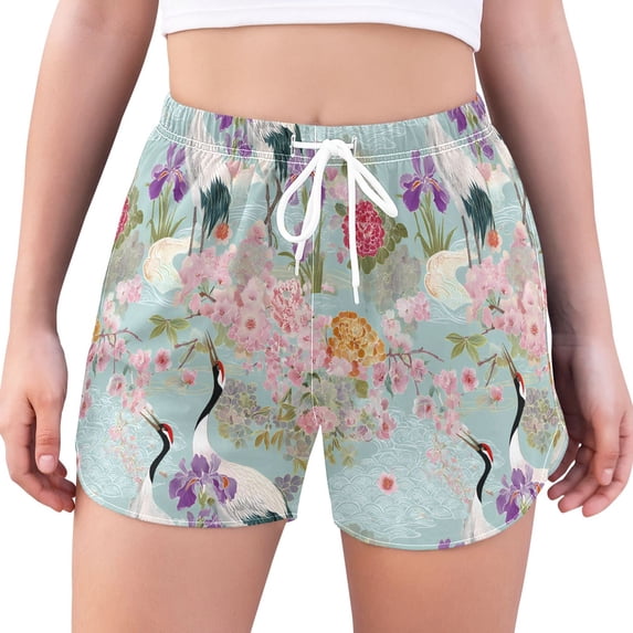 FORMRS Womens Swim Shorts Mesh Liner Quick Dry Casual Beach Board Bottom with Pockets, Sizes S-2XL, Green Floral Cranes Pattern