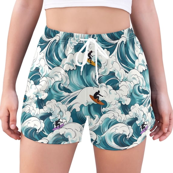 FORMRS Womens Swim Shorts Mesh Liner Quick Dry Casual Beach Board Bottom with Pockets, Sizes S-2XL, Green Ocean Waves Pattern
