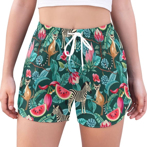 FORMRS Womens Swim Shorts Mesh Liner Quick Dry Casual Beach Board Bottom with Pockets, Sizes S-2XL, Green Tropical Pattern