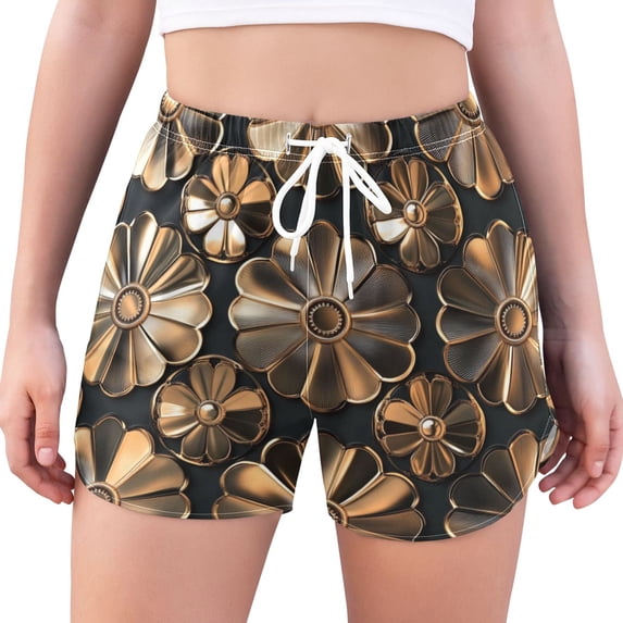 FORMRS Womens Swim Shorts Mesh Liner Quick Dry Casual Beach Board Bottom with Pockets, Sizes S-2XL, Metallic Flower