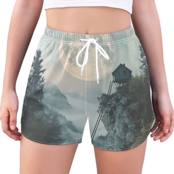 FORMRS Womens Swim Shorts Mesh Liner Quick Dry Casual Beach Board Bottom with Pockets, Sizes S-2XL, Moon and House