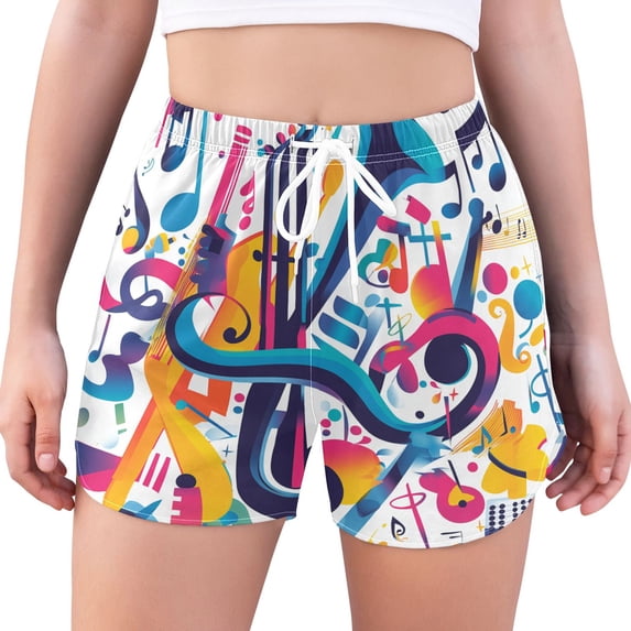 FORMRS Womens Swim Shorts Mesh Liner Quick Dry Casual Beach Board Bottom with Pockets, Sizes S-2XL, Musical Pattern