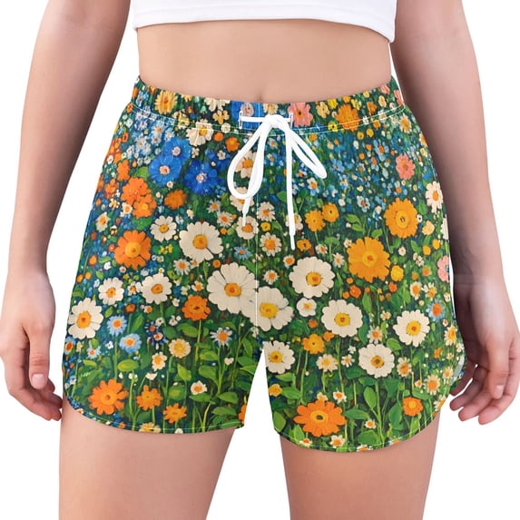 FORMRS Womens Swim Shorts Mesh Liner Quick Dry Casual Beach Board Bottom with Pockets, Sizes S-2XL, Orange Floral Garden