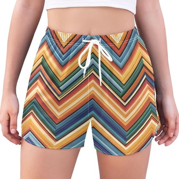 FORMRS Womens Swim Shorts Mesh Liner Quick Dry Casual Beach Board Bottom with Pockets, Sizes S-2XL, Orange Geometric