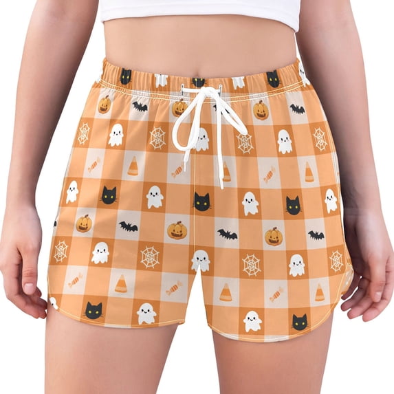FORMRS Womens Swim Shorts Mesh Liner Quick Dry Casual Beach Board Bottom with Pockets, Sizes S-2XL, Orange Ghost Plaid Pattern