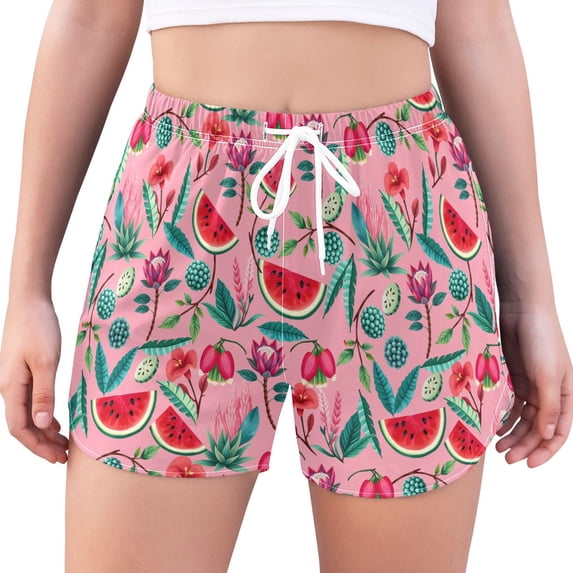 FORMRS Womens Swim Shorts Mesh Liner Quick Dry Casual Beach Board Bottom with Pockets, Sizes S-2XL, Pink Tropical Pattern