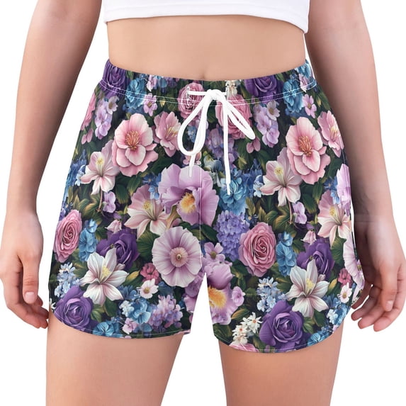 FORMRS Womens Swim Shorts Mesh Liner Quick Dry Casual Beach Board Bottom with Pockets, Sizes S-2XL, Pink and Purple Flowers