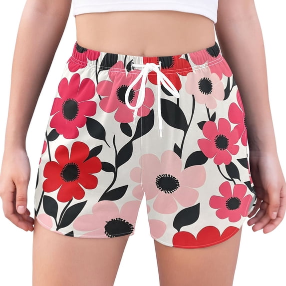 FORMRS Womens Swim Shorts Mesh Liner Quick Dry Casual Beach Board Bottom with Pockets, Sizes S-2XL, Pink and Red Flowers