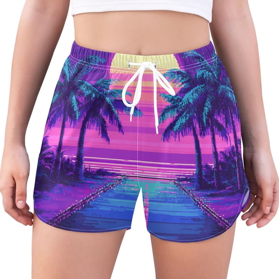 FORMRS Womens Swim Shorts Mesh Liner Quick Dry Casual Beach Board Bottom with Pockets, Sizes S-2XL, Purple Digital Art
