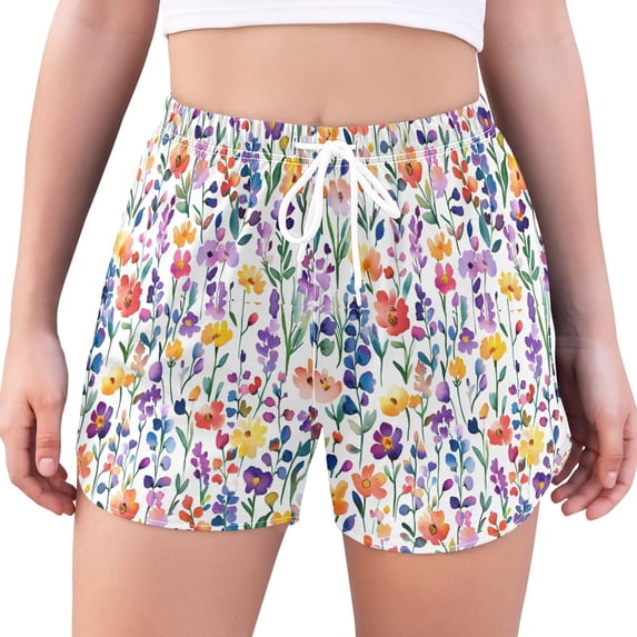 FORMRS Womens Swim Shorts Mesh Liner Quick Dry Casual Beach Board Bottom with Pockets, Sizes S-2XL, Purple Wildflower Pattern