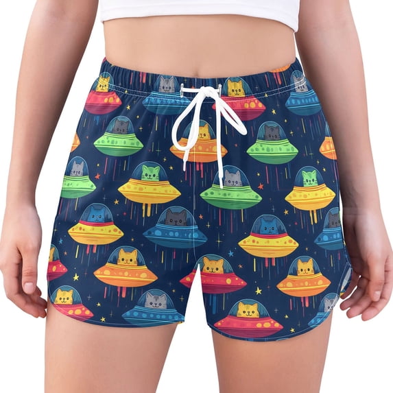 FORMRS Womens Swim Shorts Mesh Liner Quick Dry Casual Beach Board Bottom with Pockets, Sizes S-2XL, Rainbow Space Cat
