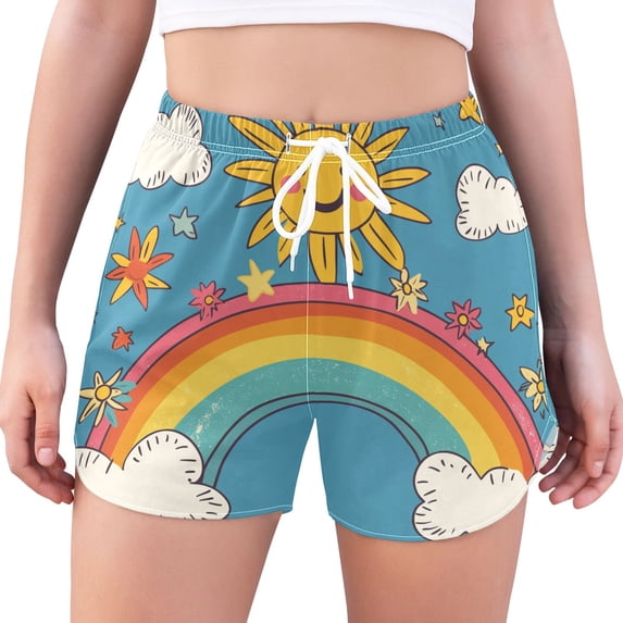 FORMRS Womens Swim Shorts Mesh Liner Quick Dry Casual Beach Board Bottom with Pockets, Sizes S-2XL, Rainbow with Stars
