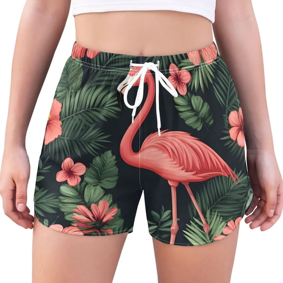 FORMRS Womens Swim Shorts Mesh Liner Quick Dry Casual Beach Board Bottom with Pockets, Sizes S-2XL, Red Flamingo Pattern