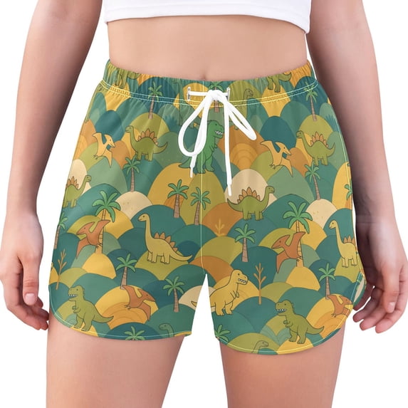 FORMRS Womens Swim Shorts Mesh Liner Quick Dry Casual Beach Board Bottom with Pockets, Sizes S-2XL, Whimsical Dinosaur Pattern