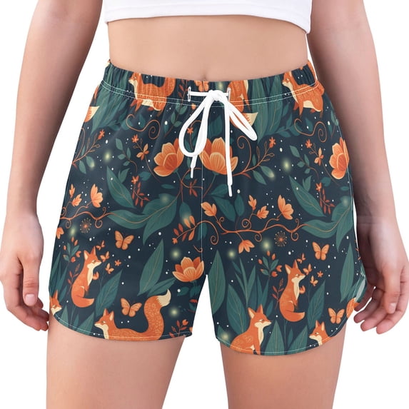 FORMRS Womens Swim Shorts Mesh Liner Quick Dry Casual Beach Board Bottom with Pockets, Sizes S-2XL, Whimsical Foxes Pattern