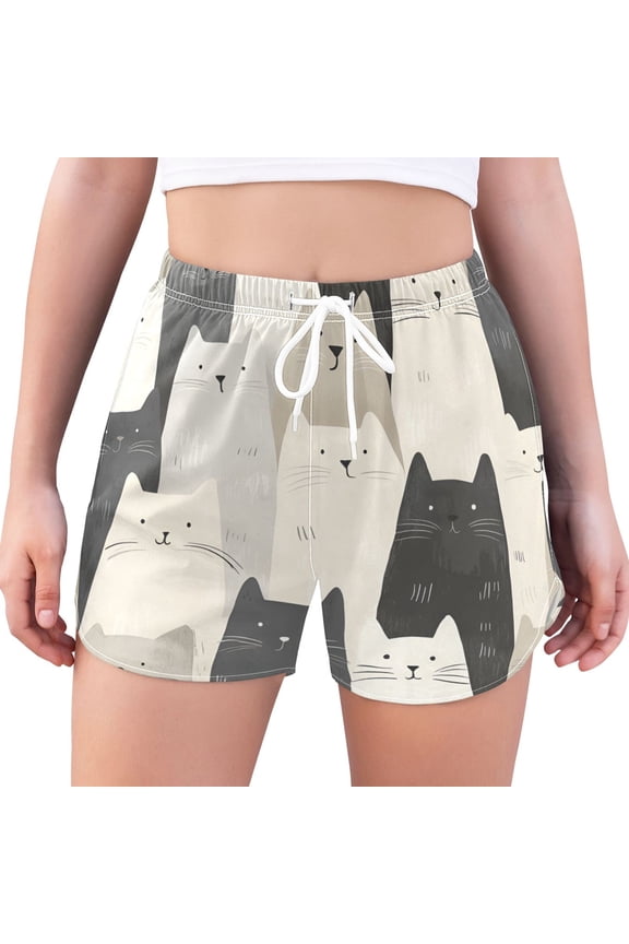 Womens Swim Shorts Mesh Liner Quick Dry Casual Beach Board Bottom with Pockets, Sizes S-2XL, White Cute Cats
