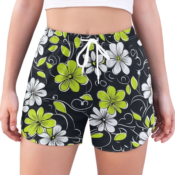 FORMRS Womens Swim Shorts Mesh Liner Quick Dry Casual Beach Board Bottom with Pockets, Sizes S-2XL, White Flower Pattern
