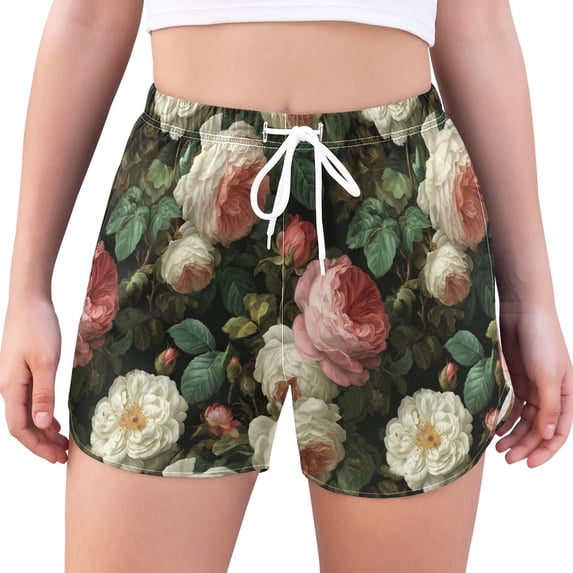 FORMRS Womens Swim Shorts Mesh Liner Quick Dry Casual Beach Board Bottom with Pockets, Sizes S-2XL, White and Pink Roses