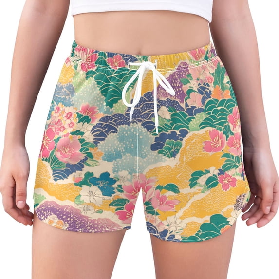 FORMRS Womens Swim Shorts Mesh Liner Quick Dry Casual Beach Board Bottom with Pockets, Sizes S-2XL, Yellow Floral Wave