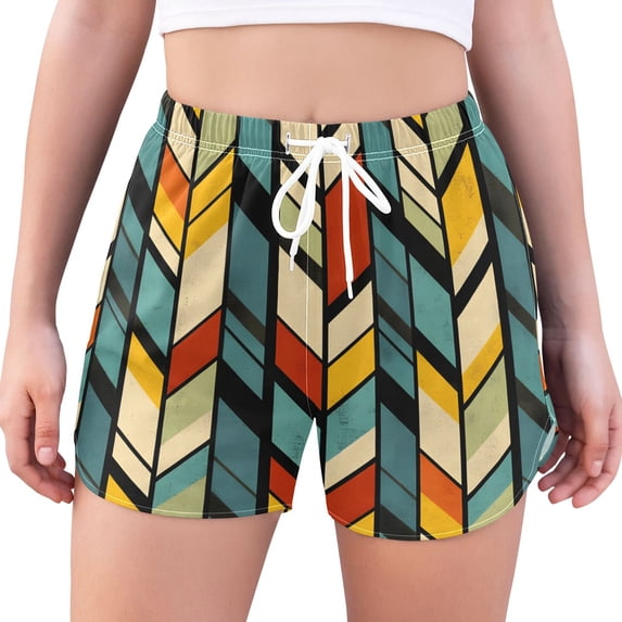 FORMRS Womens Swim Shorts Mesh Liner Quick Dry Casual Beach Board Bottom with Pockets, Sizes S-2XL, Yellow Geometric