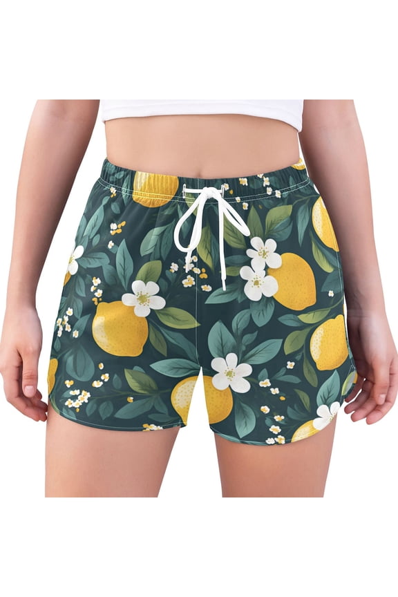 Womens Swim Shorts Mesh Liner Quick Dry Casual Beach Board Bottom with Pockets, Sizes S-2XL, Yellow Lemons