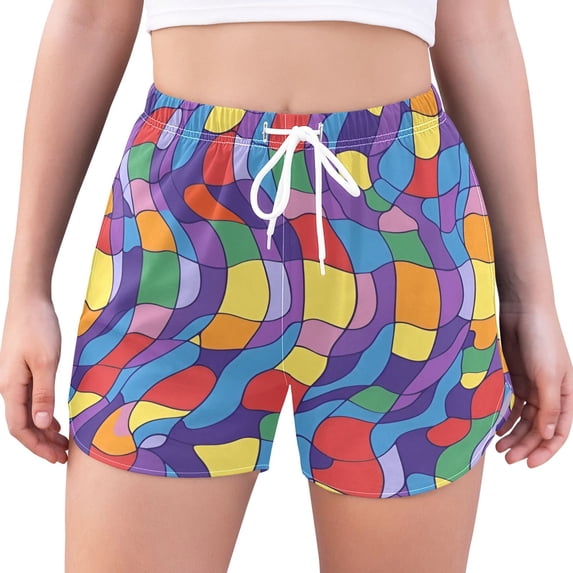 FORMRS Womens Swim Shorts Mesh Liner Quick Dry Casual Beach Board Bottom with Pockets, Sizes S-2XL, Yellow Wavy Plaid